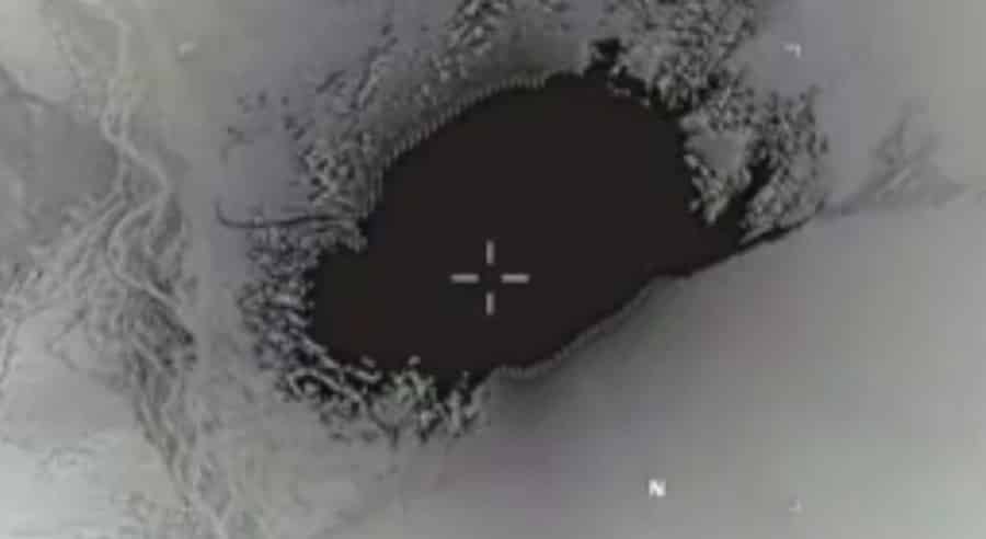 A still image released by the U.S. Department of Defense shows the April 13, 2017, strike using a GBU-43/B Massive Ordnance Air Blast (MOAB) bomb against Islamic State (ISIS) cave positions in Nangarhar province, eastern Afghanistan. The strike marked the first combat use of the powerful conventional bomb. Photo: U.S. Department of Defense/EPA/ANA-MPA, Handout