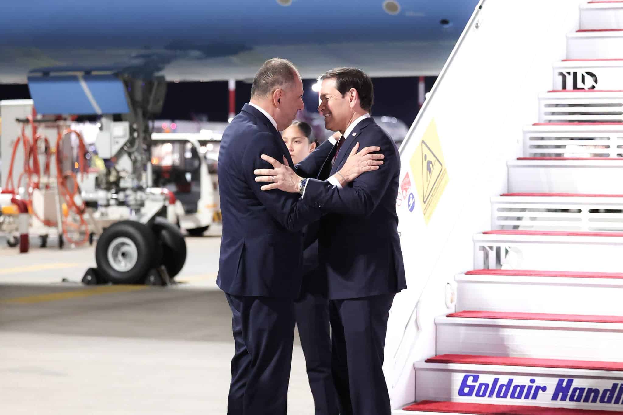 U.S. Secretary of State Marco Rubio is welcomed upon his arrival in Athens for talks with Greek officials