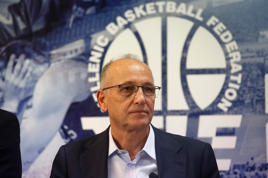 Hellenic Basketball Federation President Vangelis Liolios speaks during the official presentation of Vassilis Spanoulis as head coach of Greece's men's national basketball team at the federation's headquarters in Marousi, Athens, on October 3, 2023. Photo: Alexandros Vlachos/ANA-MPA