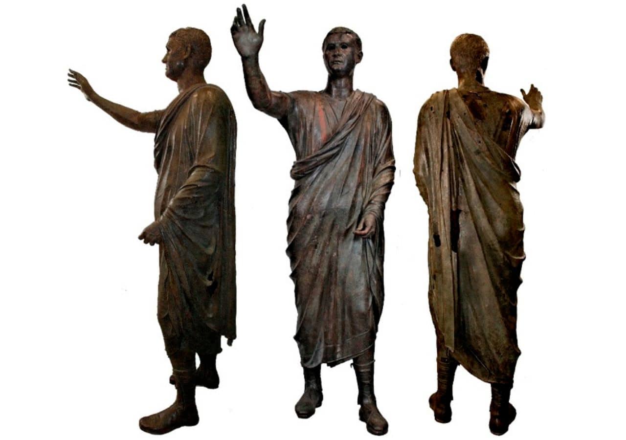 Views of the Arringatore, ancient Etruscan statue, soon after the restoration